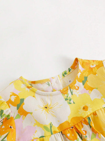 Young Girls' Sweet Floral Printed Round Neck Long Sleeve Dress With Hairband Gift, Spring/Summer