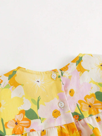 Young Girls' Sweet Floral Printed Round Neck Long Sleeve Dress With Hairband Gift, Spring/Summer