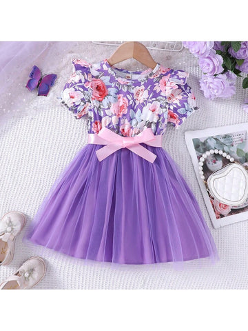 Young Girls' Sweet Flower Print Mesh Patchwork Summer Dress