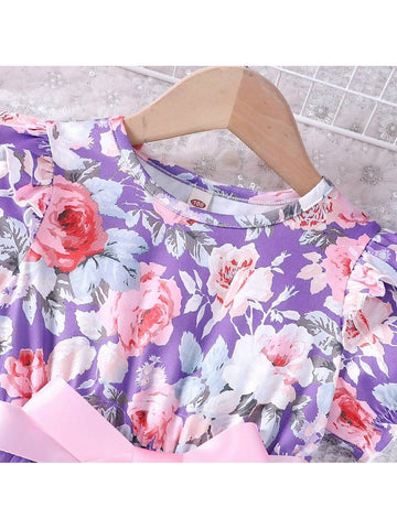Young Girls' Sweet Flower Print Mesh Patchwork Summer Dress
