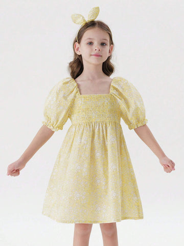 Young Girls' Sweet Fresh Bubble Sleeves Square Neck Floral Mini Dress (With Headband) For Summer