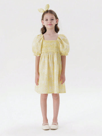 Young Girls' Sweet Fresh Bubble Sleeves Square Neck Floral Mini Dress (With Headband) For Summer