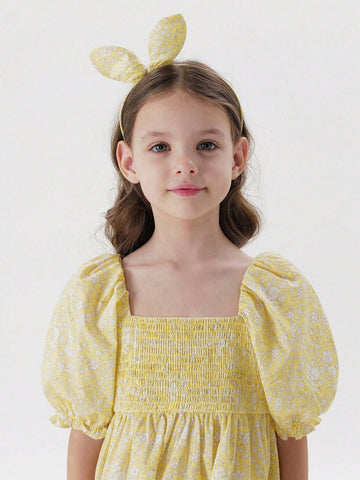 Young Girls' Sweet Fresh Bubble Sleeves Square Neck Floral Mini Dress (With Headband) For Summer