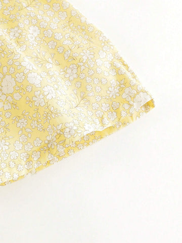 Young Girls' Sweet Fresh Bubble Sleeves Square Neck Floral Mini Dress (With Headband) For Summer