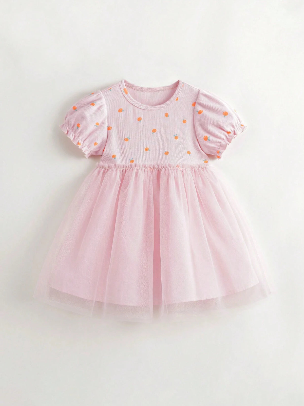 Young Girls' Sweet Fruit Print Mesh Splice Bubble Sleeve Round Neck Dress For Summer