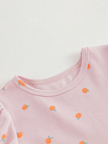 Young Girls' Sweet Fruit Print Mesh Splice Bubble Sleeve Round Neck Dress For Summer