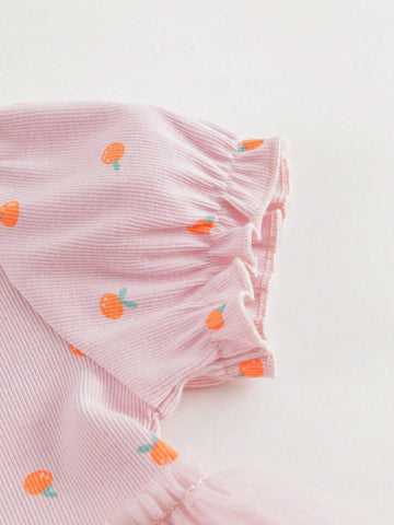 Young Girls' Sweet Fruit Print Mesh Splice Bubble Sleeve Round Neck Dress For Summer