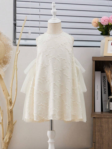 Young Girls' Sweet Korean-Style Round Neck Sleeveless Mesh Ruffle Trim Midi Dress