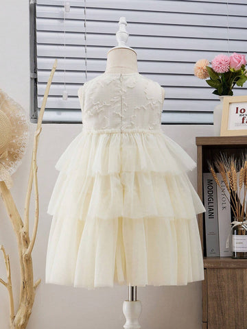 Young Girls' Sweet Korean-Style Round Neck Sleeveless Mesh Ruffle Trim Midi Dress