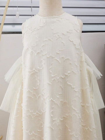 Young Girls' Sweet Korean-Style Round Neck Sleeveless Mesh Ruffle Trim Midi Dress