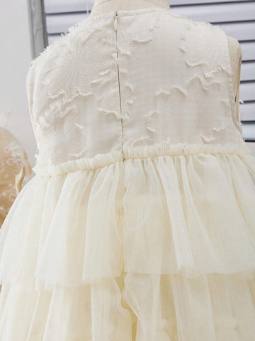 Young Girls' Sweet Korean-Style Round Neck Sleeveless Mesh Ruffle Trim Midi Dress