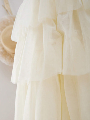 Young Girls' Sweet Korean-Style Round Neck Sleeveless Mesh Ruffle Trim Midi Dress