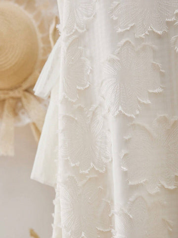 Young Girls' Sweet Korean-Style Round Neck Sleeveless Mesh Ruffle Trim Midi Dress