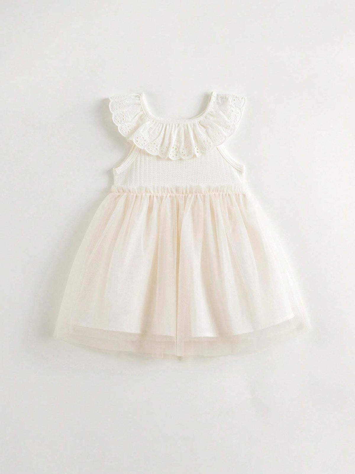 Young Girls Sweet Lace Collar Mesh Splice Princess Dress, Summer
