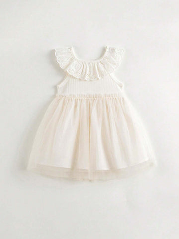 Young Girls Sweet Lace Collar Mesh Splice Princess Dress, Summer