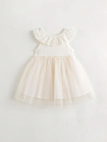 Young Girls Sweet Lace Collar Mesh Splice Princess Dress, Summer