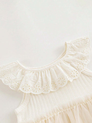 Young Girls Sweet Lace Collar Mesh Splice Princess Dress, Summer