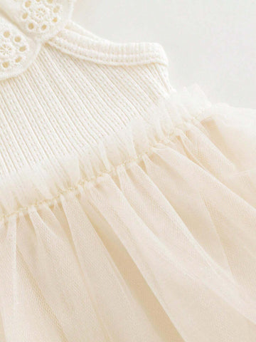 Young Girls Sweet Lace Collar Mesh Splice Princess Dress, Summer