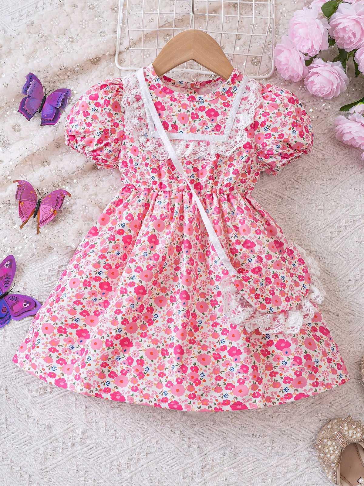 Young Girls Sweet Lace Ditsy Floral Casual Dress, Spring/Summer