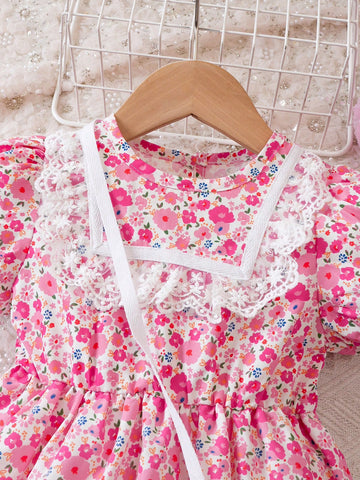 Young Girls Sweet Lace Ditsy Floral Casual Dress, Spring/Summer