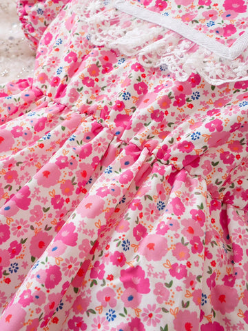 Young Girls Sweet Lace Ditsy Floral Casual Dress, Spring/Summer