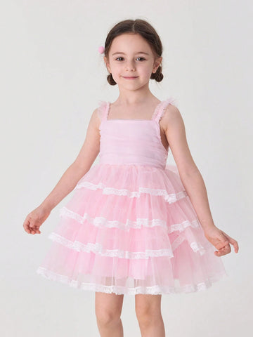 Young Girls' Sweet Lace Tiered Bowknot Ribbon Strap Tulle Cake Princess Dress, Summer