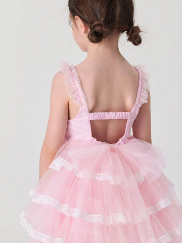 Young Girls' Sweet Lace Tiered Bowknot Ribbon Strap Tulle Cake Princess Dress, Summer