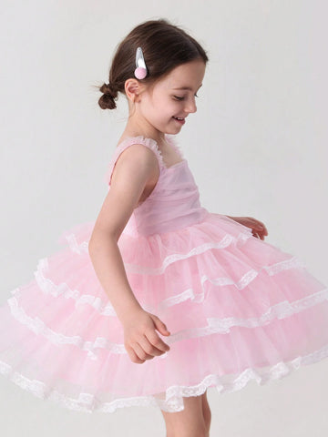 Young Girls' Sweet Lace Tiered Bowknot Ribbon Strap Tulle Cake Princess Dress, Summer