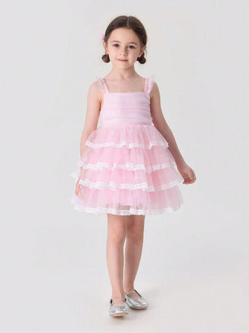 Young Girls' Sweet Lace Tiered Bowknot Ribbon Strap Tulle Cake Princess Dress, Summer