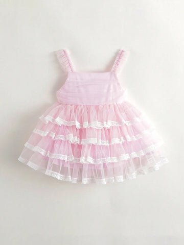 Young Girls' Sweet Lace Tiered Bowknot Ribbon Strap Tulle Cake Princess Dress, Summer