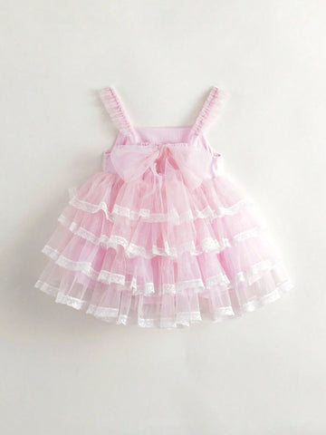 Young Girls' Sweet Lace Tiered Bowknot Ribbon Strap Tulle Cake Princess Dress, Summer