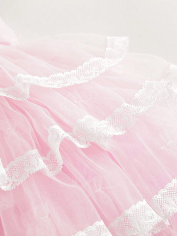 Young Girls' Sweet Lace Tiered Bowknot Ribbon Strap Tulle Cake Princess Dress, Summer
