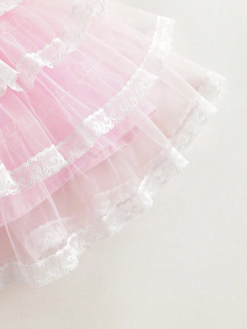 Young Girls' Sweet Lace Tiered Bowknot Ribbon Strap Tulle Cake Princess Dress, Summer