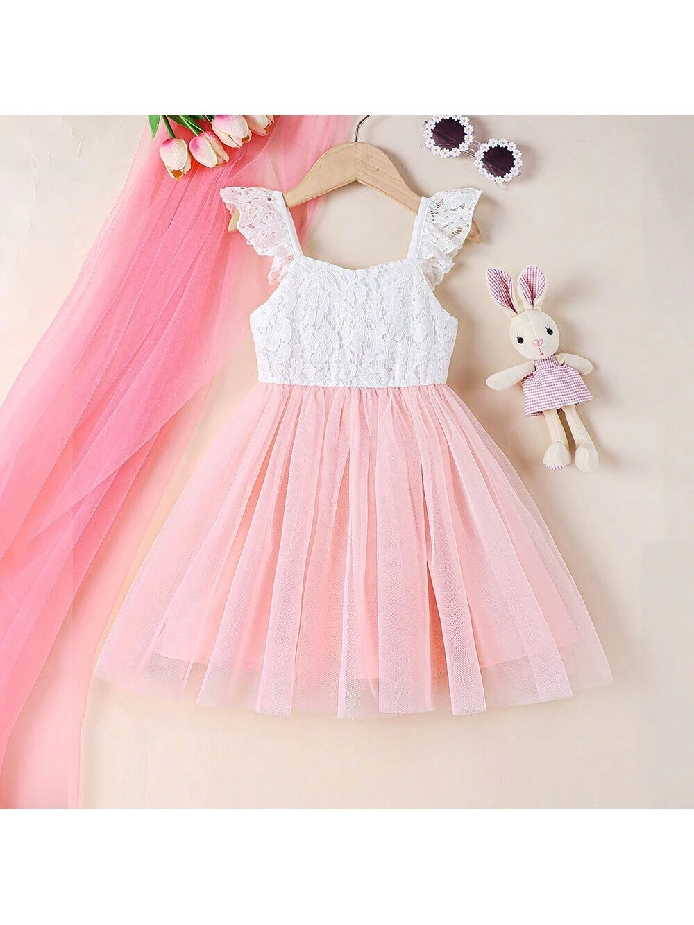 Young Girls' Sweet Lace & Mesh Splice Dress With Ruffle Trim For Summer