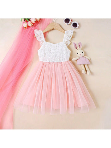 Young Girls' Sweet Lace & Mesh Splice Dress With Ruffle Trim For Summer