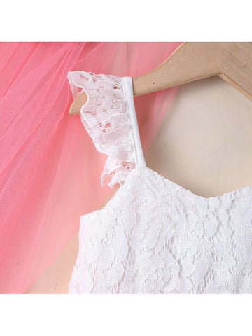 Young Girls' Sweet Lace & Mesh Splice Dress With Ruffle Trim For Summer