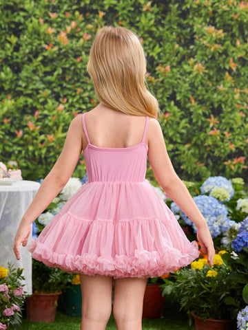 Young Girl's Sweet Lovely Gradient Rose Pink Butterfly Bubble Sleeve Mesh Patchwork Dress