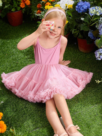 Young Girl's Sweet Lovely Gradient Rose Pink Butterfly Bubble Sleeve Mesh Patchwork Dress