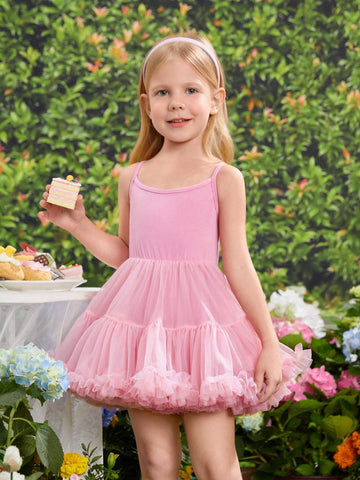 Young Girl's Sweet Lovely Gradient Rose Pink Butterfly Bubble Sleeve Mesh Patchwork Dress