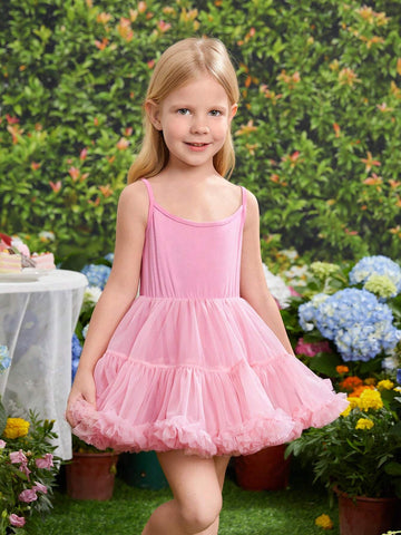 Young Girl's Sweet Lovely Gradient Rose Pink Butterfly Bubble Sleeve Mesh Patchwork Dress