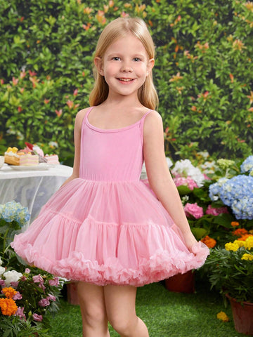 Young Girl's Sweet Lovely Gradient Rose Pink Butterfly Bubble Sleeve Mesh Patchwork Dress