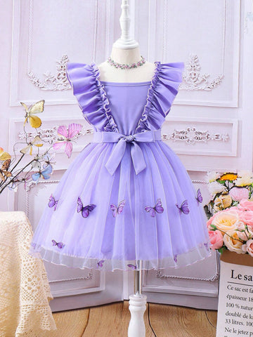 Young Girl's Sweet, Lovely Purple Butterfly Bubble Sleeve Mesh Patchwork Dress