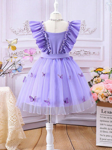 Young Girl's Sweet, Lovely Purple Butterfly Bubble Sleeve Mesh Patchwork Dress