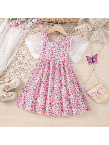 Young Girl's Sweet Mesh Short Sleeve Floral Print Dress For Summer