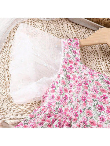 Young Girl's Sweet Mesh Short Sleeve Floral Print Dress For Summer