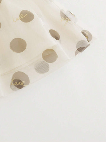 Young Girls' Sweet Polka Dot Mesh Puff Sleeve Short Sleeve Round Neck Dress For Summer