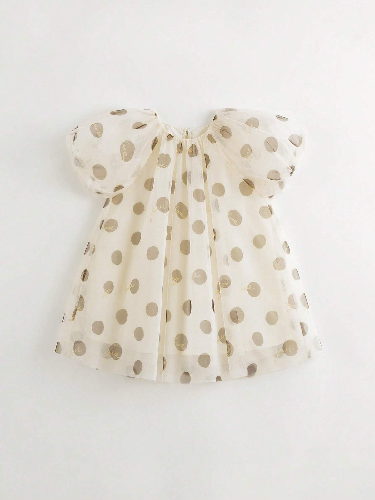 Young Girls' Sweet Polka Dot Mesh Puff Sleeve Short Sleeve Round Neck Dress, Summer