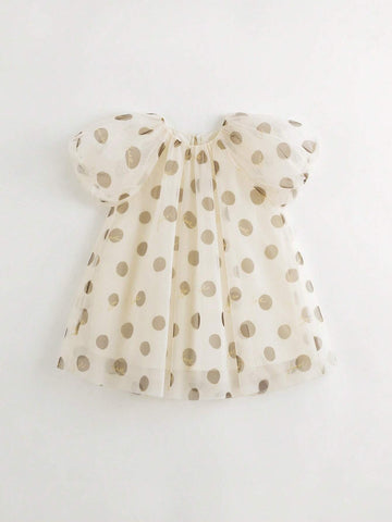 Young Girls' Sweet Polka Dot Mesh Puff Sleeve Short Sleeve Round Neck Dress, Summer