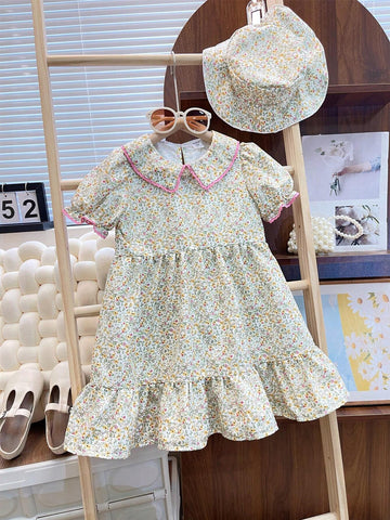 Young Girls' Sweet Puff Sleeve Printed Short Sleeve Dress With A-Line Hem And Turn-Down Collar, Summer