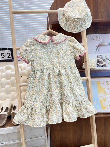 Young Girls' Sweet Puff Sleeve Printed Short Sleeve Dress With A-Line Hem And Turn-Down Collar, Summer